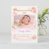 Baby Girl Photo Announcement Card Pink Floral 招待状 (スタンド正面)