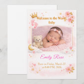 Baby Girl Photo Announcement Card Pink Floral 招待状 (正面/裏面)