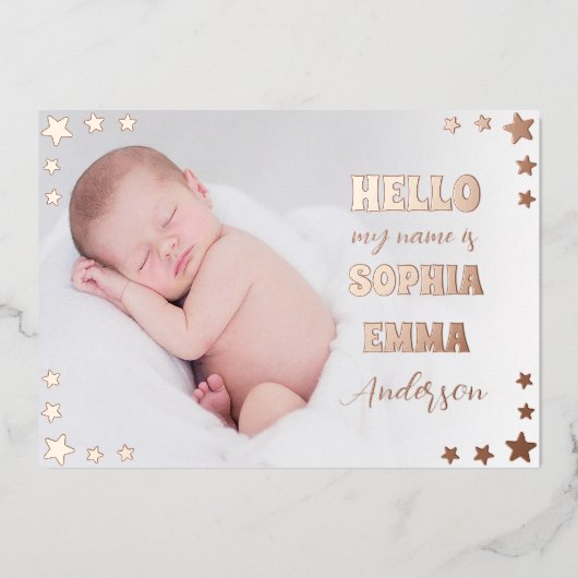 Baby Girl Photo Birth Announcement: Script & Stars 箔招待状 (正面)