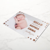 Baby Girl Photo Birth Announcement: Script & Stars 箔招待状 (回転した状態)