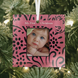 Baby Girl Photo Black Rosey Pink My 1st Chrimas ガラスオーナメント
