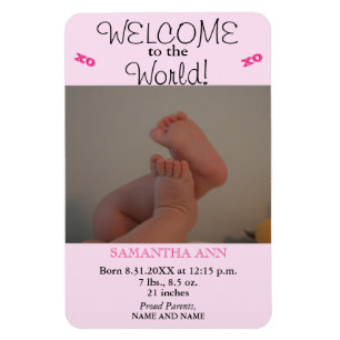 Baby Girl Pinkフォト誕生統計のお知らせ マグネット