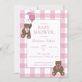 Baby Girl Pink and White Teddy Bear Baby Shower 招待状