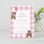 Baby Girl Pink and White Teddy Bear Baby Shower 招待状 (スタンド正面)