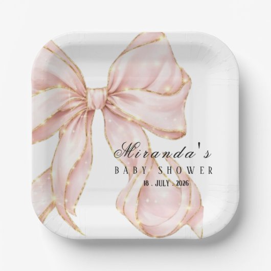 Baby Girl Pink Bow Baby Shower Invitation ペーパープレート (正面)