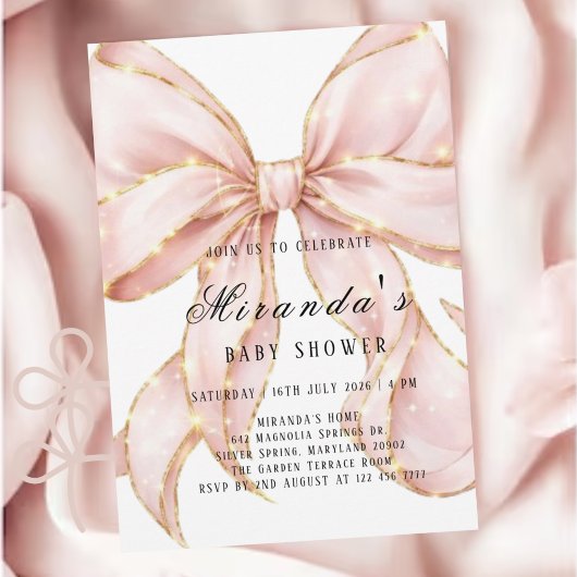 Baby Girl Pink Bow Baby Shower Invitation 招待状