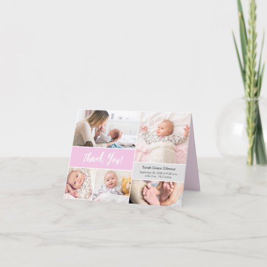 Baby girl Pink Grey Custom photo collage サンキューカード (正面)
