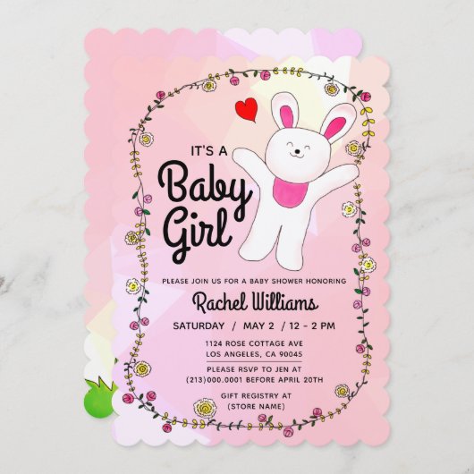 Baby Girl - Pink with Bunny Baby Shower Card 招待状 (正面/裏面)