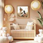 Baby Girl Reading black White Puppy Red Mushroom  ポスター