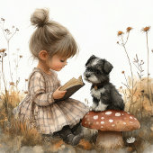 Baby Girl Reading black White Puppy Red Mushroom  ポスター