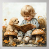 Baby Girl Reading Tan Puppy Mushrooms ポスター (正面)