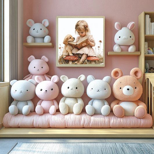 Baby Girl Reading Tan Puppy Red Mushroom  ポスター