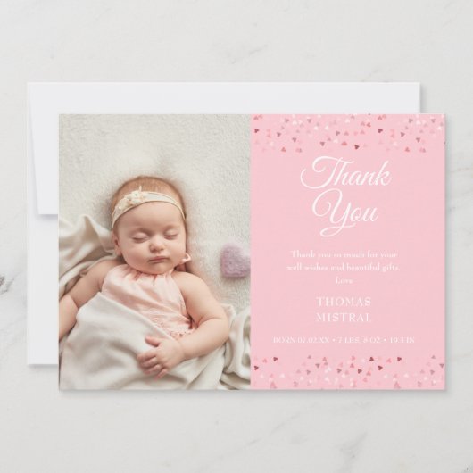 Baby Girl Script Thank You Loveハート写真誕生 案内状 (正面)