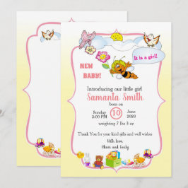 baby girl shower invitation with a cute bee 招待状