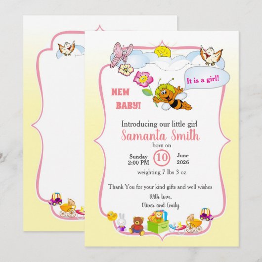 baby girl shower invitation with a cute bee 招待状 (正面/裏面)