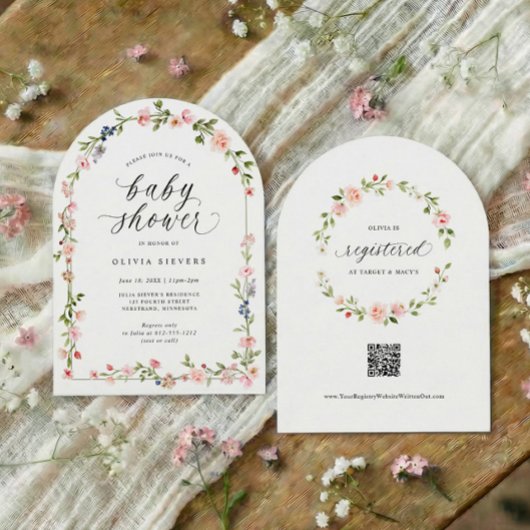 Baby Girl Shower Pink Watercolor Floral Arch 招待状