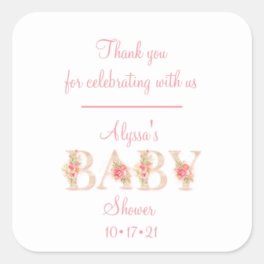 Baby Girl Shower Thank You スクエアシール (正面)
