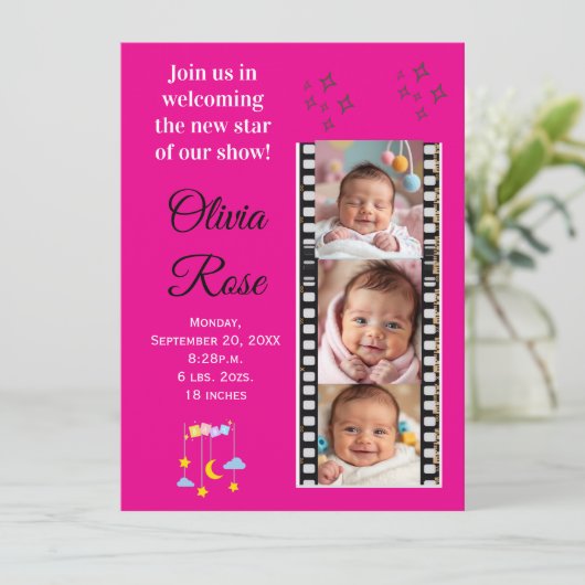 Baby Girl Star Birth Announcement Invitation 招待状 (スタンド正面)