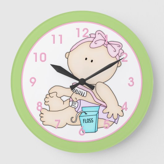 Baby Girl w/Obrush & Floss Kid's Wall Clock ラージ壁時計 (正面)