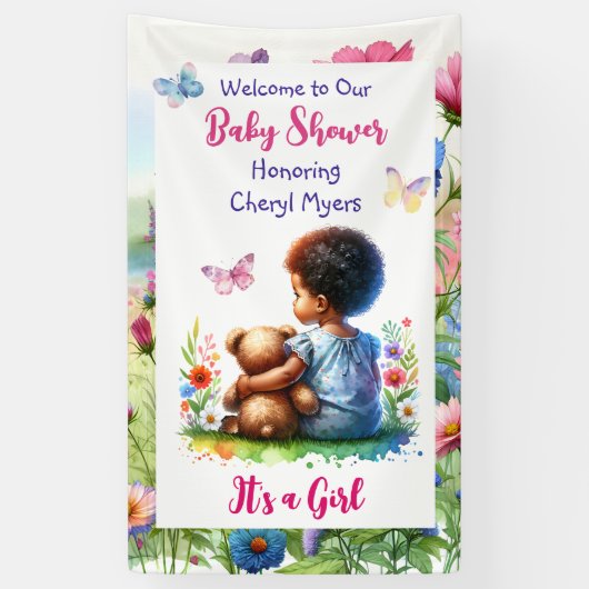 Baby Girl with her Teddy Bear Baby Shower Welcome 横断幕 (縦)