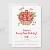 Baby Girls Strawberry Berry First Birthday  招待状 (正面)