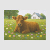Baby Highland Cow in Pasture of Flowers 薄葉紙 (正面)