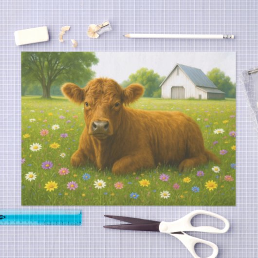 Baby Highland Cow in Pasture of Flowers 薄葉紙 (クラフト)