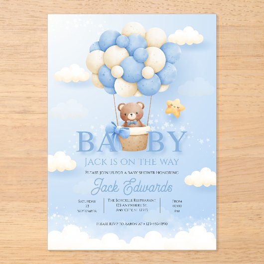 Baby Hot Air Balloon Watercolor Shower Art アクリル招待状 (正面)