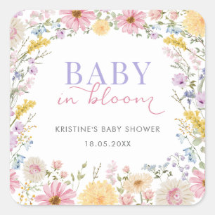 Baby in Bloom: やさしいワイルドフラワーの草原のベビーシャワー スクエアシール