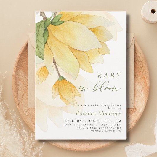 Baby in Bloom イエロー クリーン マグノリア ベビーシャワー 招待状