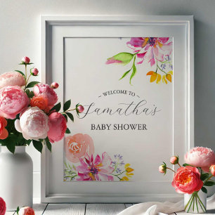 Baby in Bloom ウェルカムサイン - ピンクフラワー ポスター