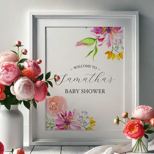 Baby in Bloom ウェルカムサイン - ピンクフラワー ポスター