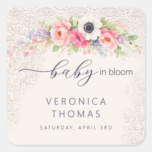Baby in Bloom スイートフラワーベイビーシャワー スクエアシール (正面)