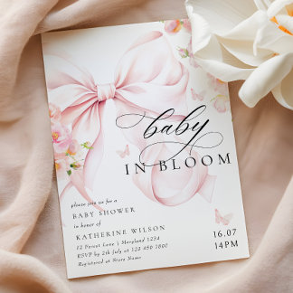 Baby In Bloom ソフトピンクのリボンベビーシャワー招待状 招待状