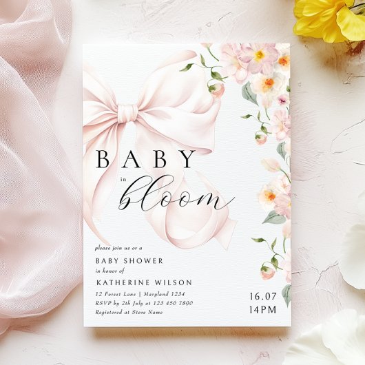 Baby In Bloom ソフトピンクボウベビーシャワー招待状 招待状