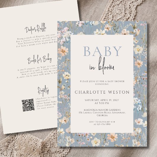 Baby In Bloom ダスティブルーのオールインワンベビーシャワー 招待状