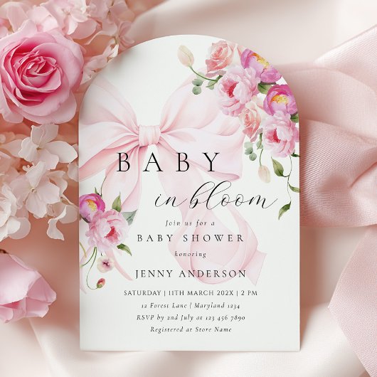 Baby In Bloom ピンクのリボンのベビーシャワー招待状 招待状
