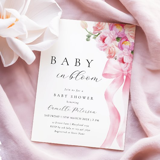 Baby In Bloom ピンクのリボンのベビーシャワー招待状 招待状