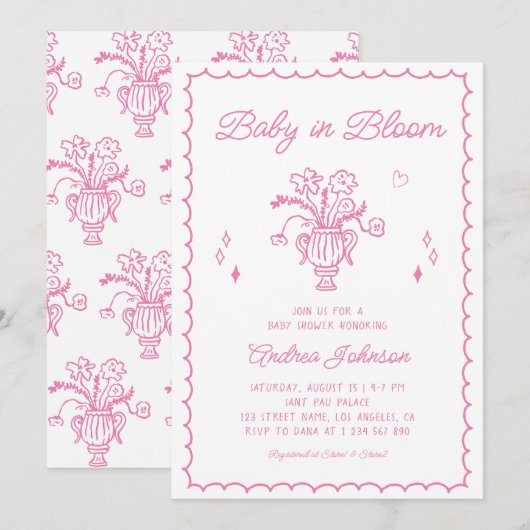 Baby in Bloom ピンクの手描き女の子ベビーシャワー 招待状 (正面/裏面)