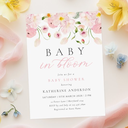 Baby In Bloom ピンクフラワーベビーシャワー招待状 招待状