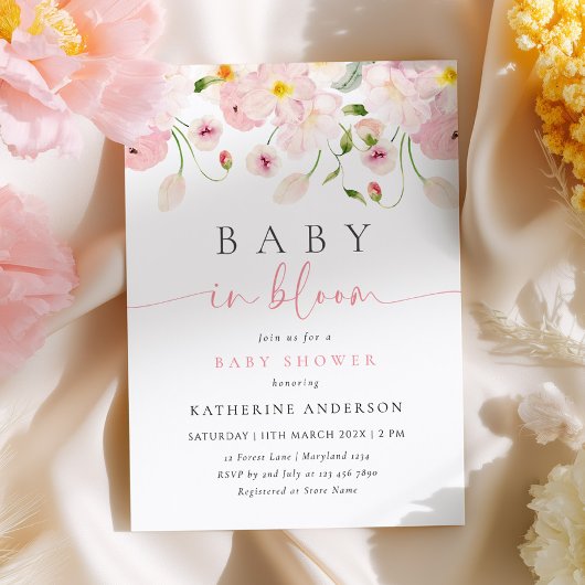 Baby In Bloom ピンクフラワーベビーシャワー招待状 招待状