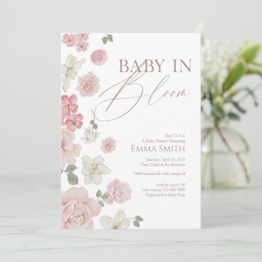 Baby In Bloom ピンクフラワーベビーシャワー 招待状 (スタンド正面)