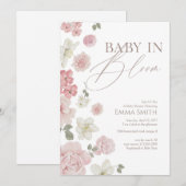 Baby In Bloom ピンクフラワーベビーシャワー 招待状 (正面/裏面)