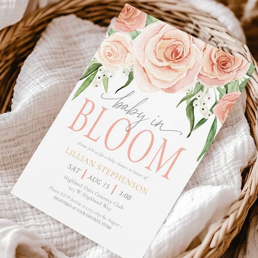 Baby In Bloom ブラッシュピンクの花柄 ガールズベビーシャワー 招待状