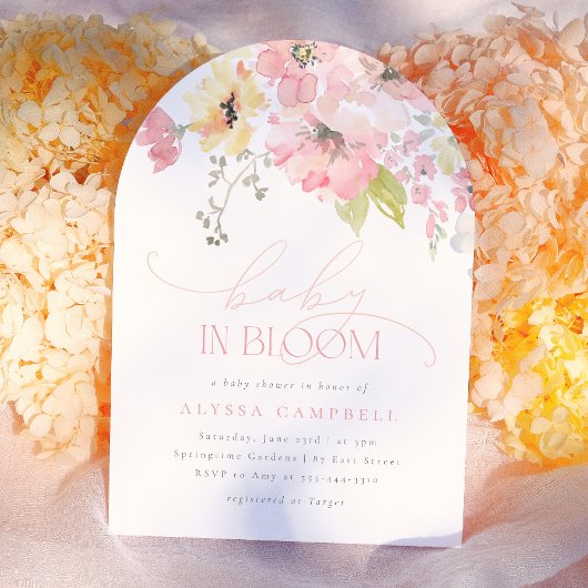 Baby in Bloom ブルッシュピンク フローラル ガール シャワー アーチ 招待状