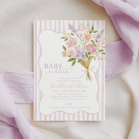 Baby in Bloom ベビーシャワー 紫のピンクの花 招待状