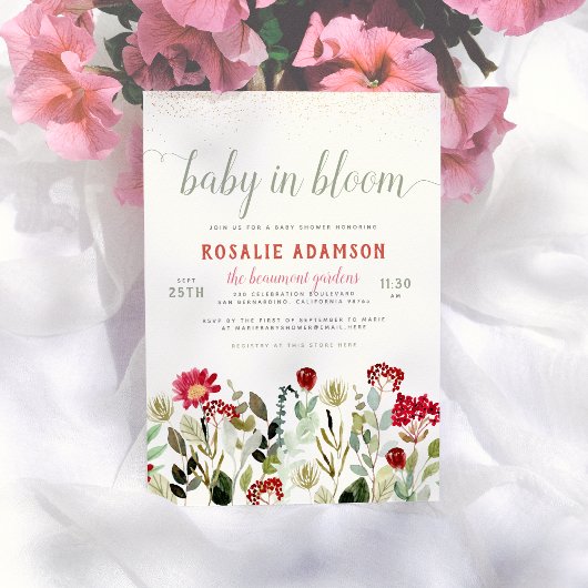 Baby in Bloom | モダンフラワーグリーン ベビーシャワー 招待状