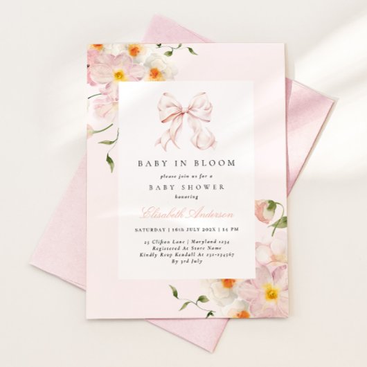 Baby In Bloom リボン ソフトピンク ベビーシャワー招待状 招待状