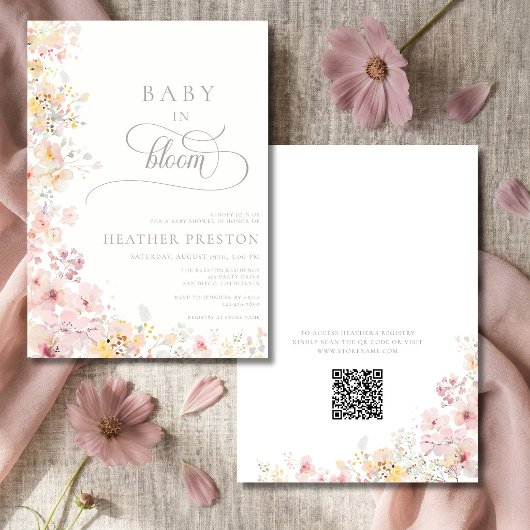 Baby In Bloom ワイルドフラワー QR ベビーシャワー招待状 招待状