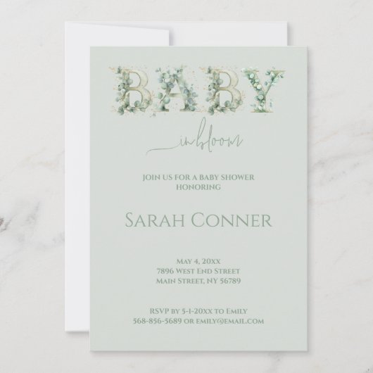 Baby in Bloom Baby Shower Eucalyptus Invitation 招待状 (正面)